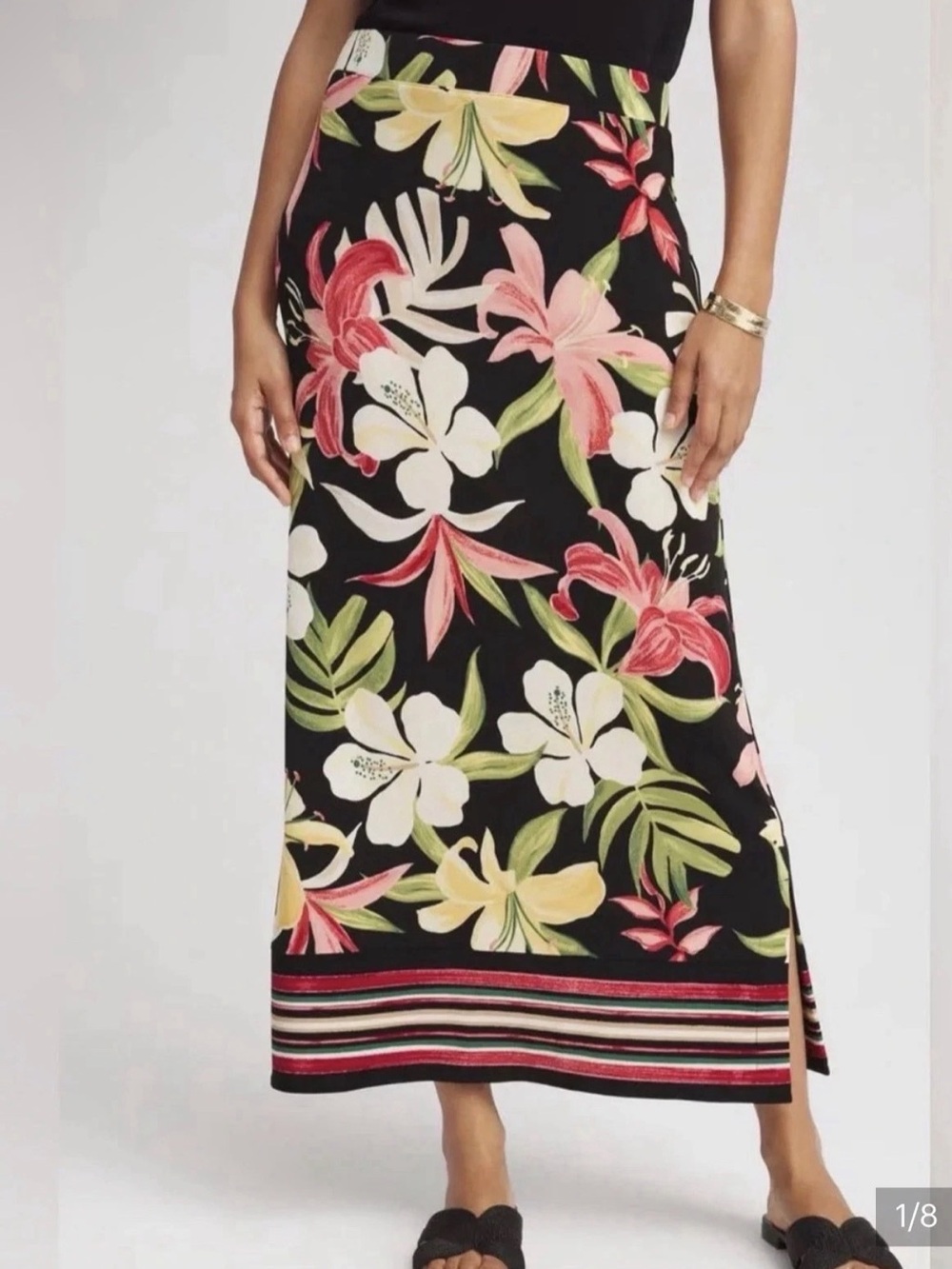 Chico’s size 1 8/10 Floral Hawaiian Maxi Skirt in Black with Pink & Green Print